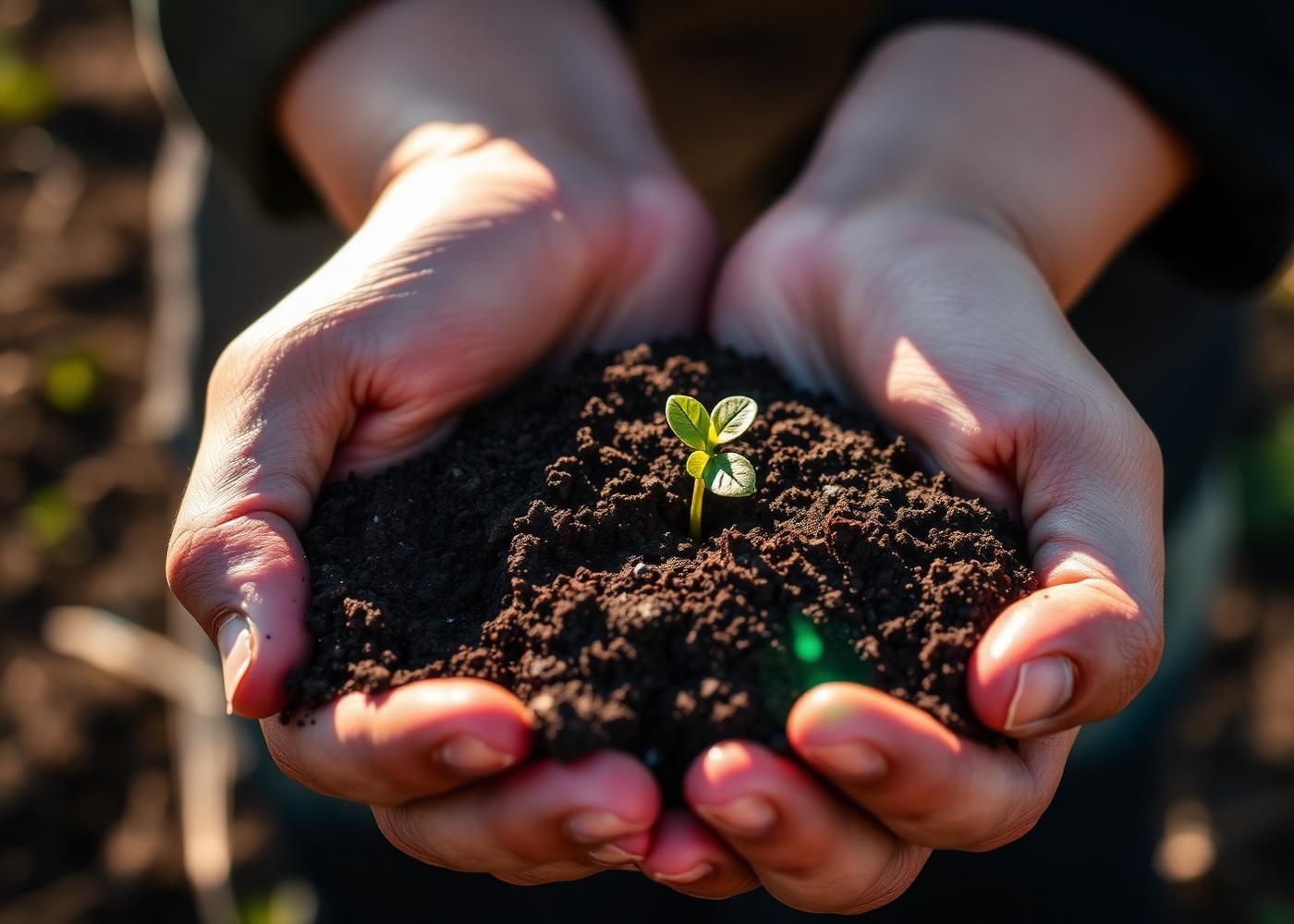 Hands holding rich soil with sprout